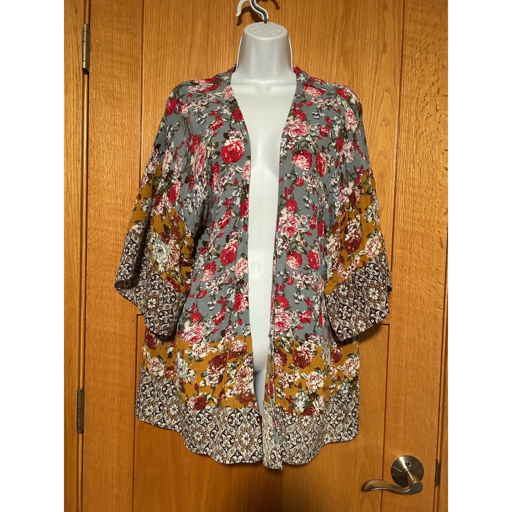 Umgee Boho Cottagecore Floral Patchwork Kimono Cardigan Blue Mustard Red Medium